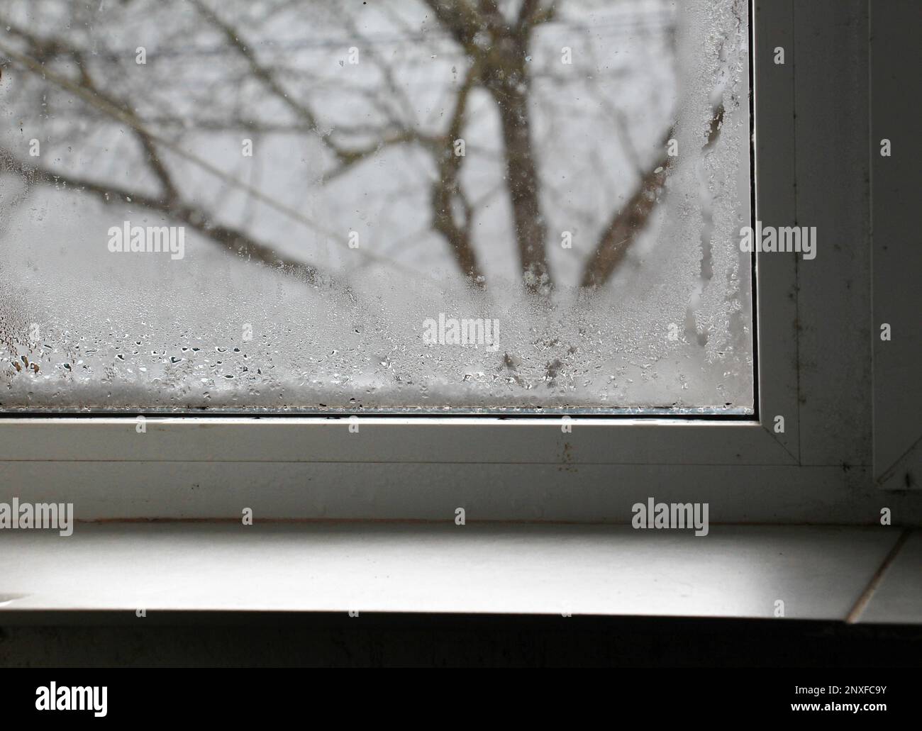 Fogging of metal plastic windows due to cooling and high humidity Stock