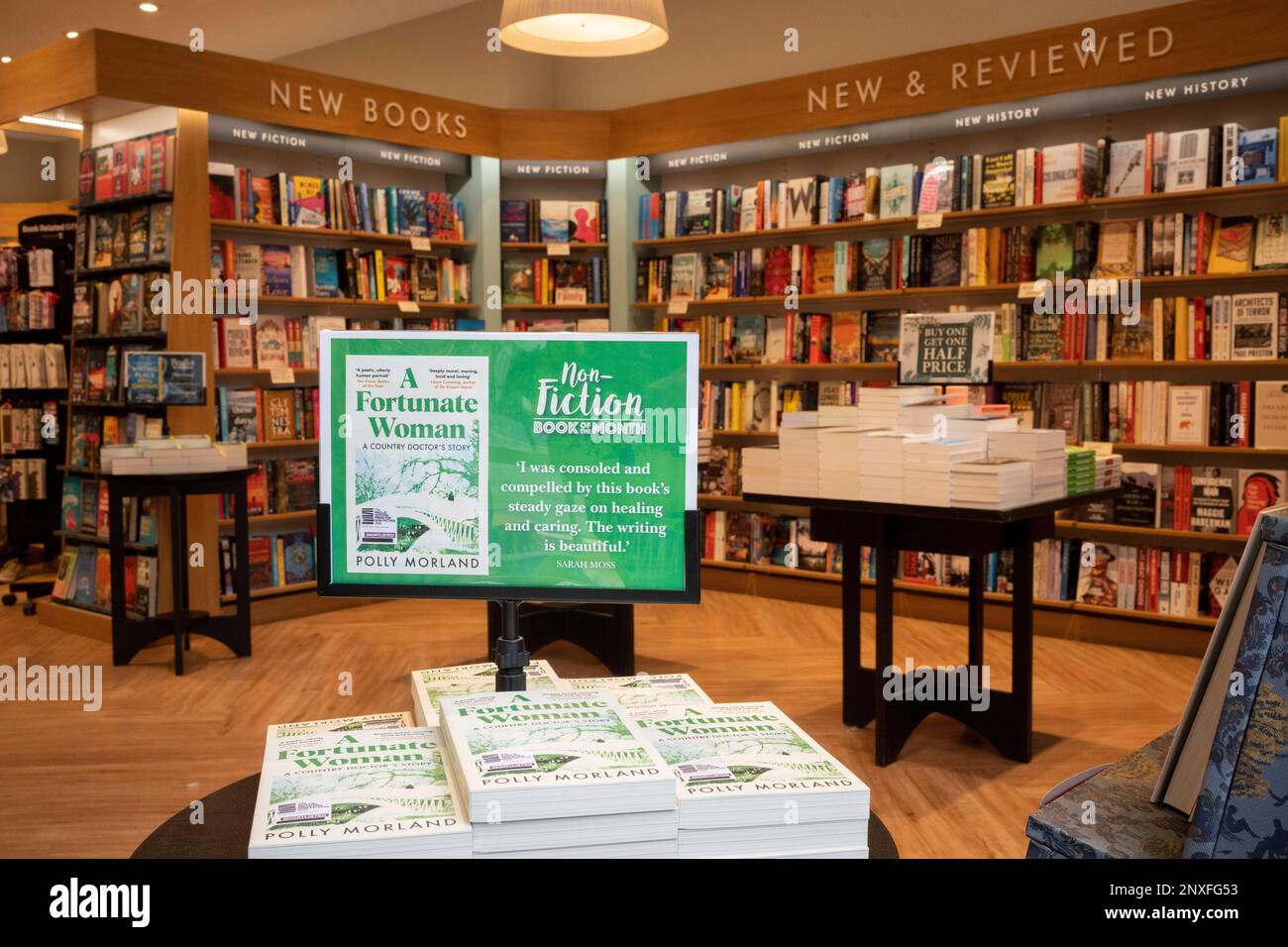 A display showing bookseller Waterstones's non-fiction Book of the Month which for March 2023 is 'A Fortunate Woman: A Country Doctor's Story' by author Polly Morland, at the retailer's Victoria branch, on 1st March 2023, in London, England. Stock Photo