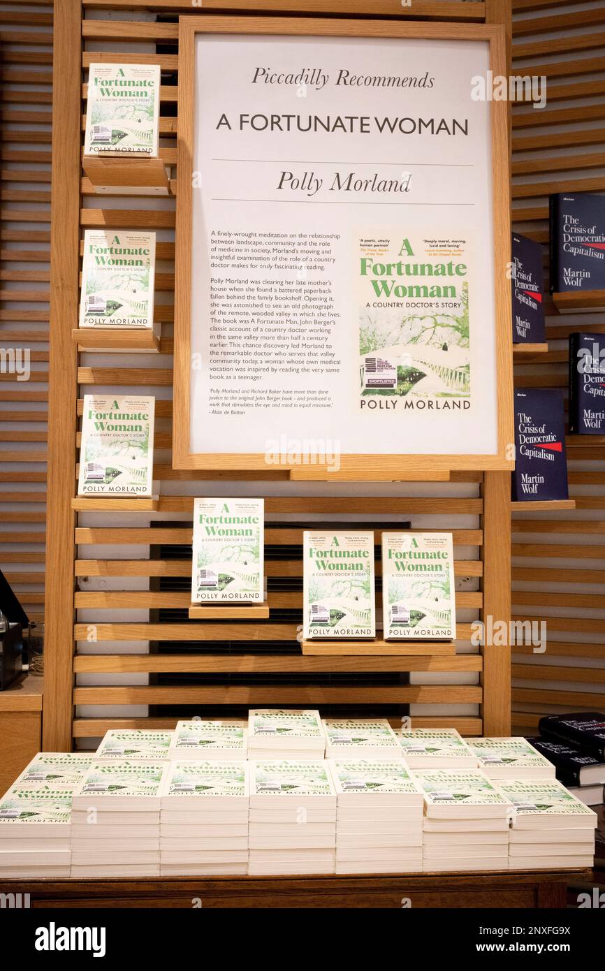 A display showing bookseller Waterstones's non-fiction Book of the Month which for March 2023 is 'A Fortunate Woman: A Country Doctor's Story' by author Polly Morland, at the retailer's Piccadilly branch, on 1st March 2023, in London, England. Stock Photo