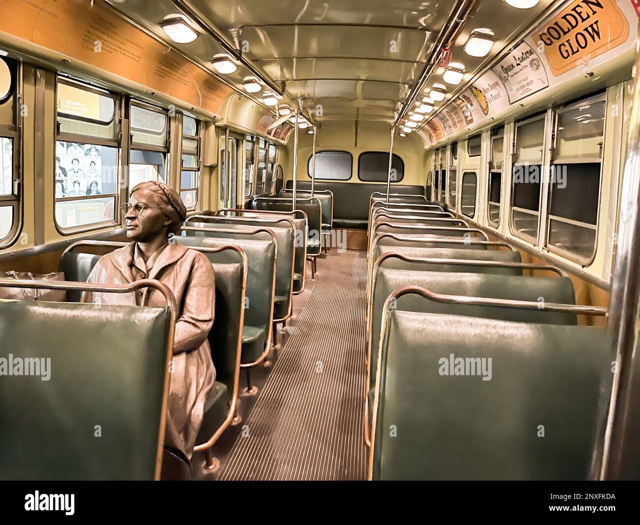 Interior of the National Civil Rights Museum, Lorraine Motel, Memphis, Tennessee, showing Rosa Parks/Montgomery Bus Boycott tribute. Stock Photo