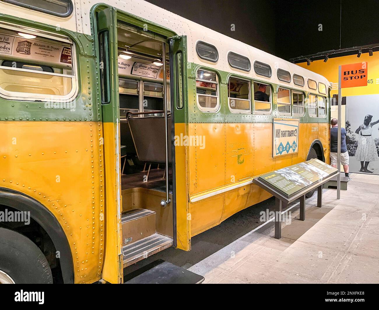 Interior of the National Civil Rights Museum, Lorraine Motel, Memphis, Tennessee, showing Montgomery Bus Boycott tribute. Exterior view of city bus. Stock Photo