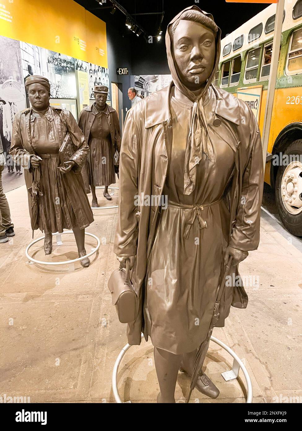 Interior of the National Civil Rights Museum, Lorraine Motel, Memphis, Tennessee, showing Montgomery Bus Boycott tribute, women walking. Stock Photo