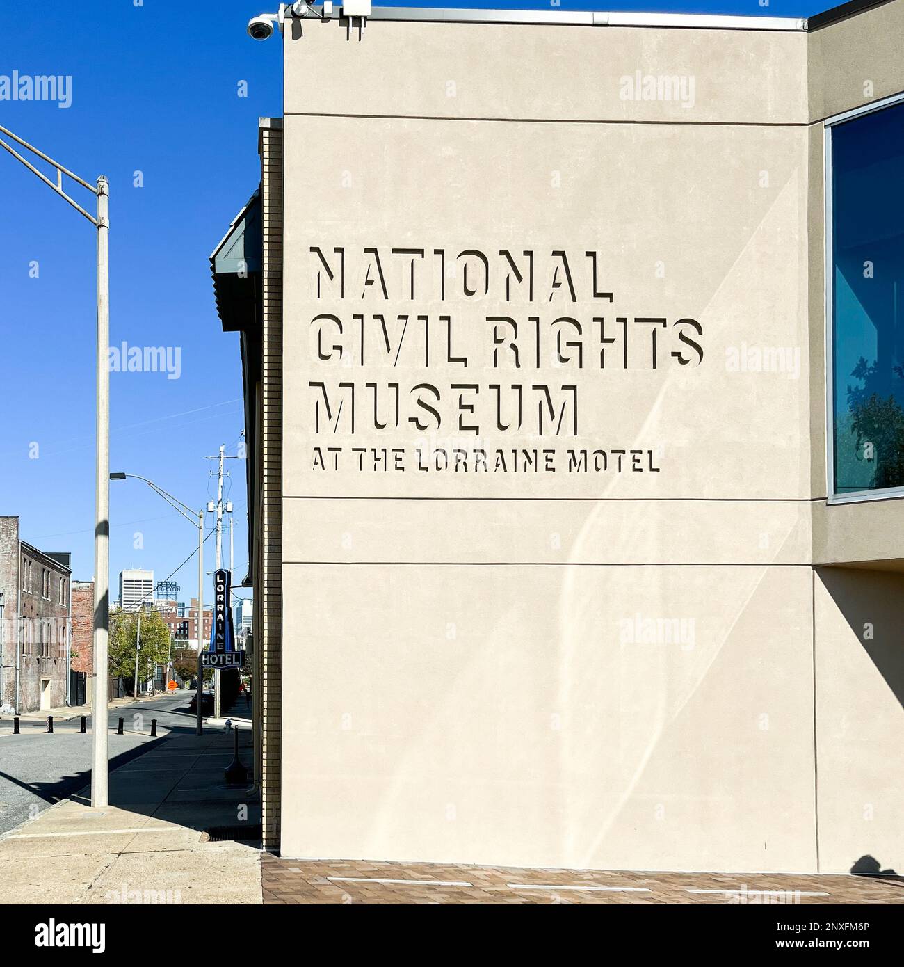 Exterior of the National Civil Rights Museum, Lorraine Motel, Memphis, Tennessee, showing signage engraved into stone facade. Bright sunshine. Stock Photo