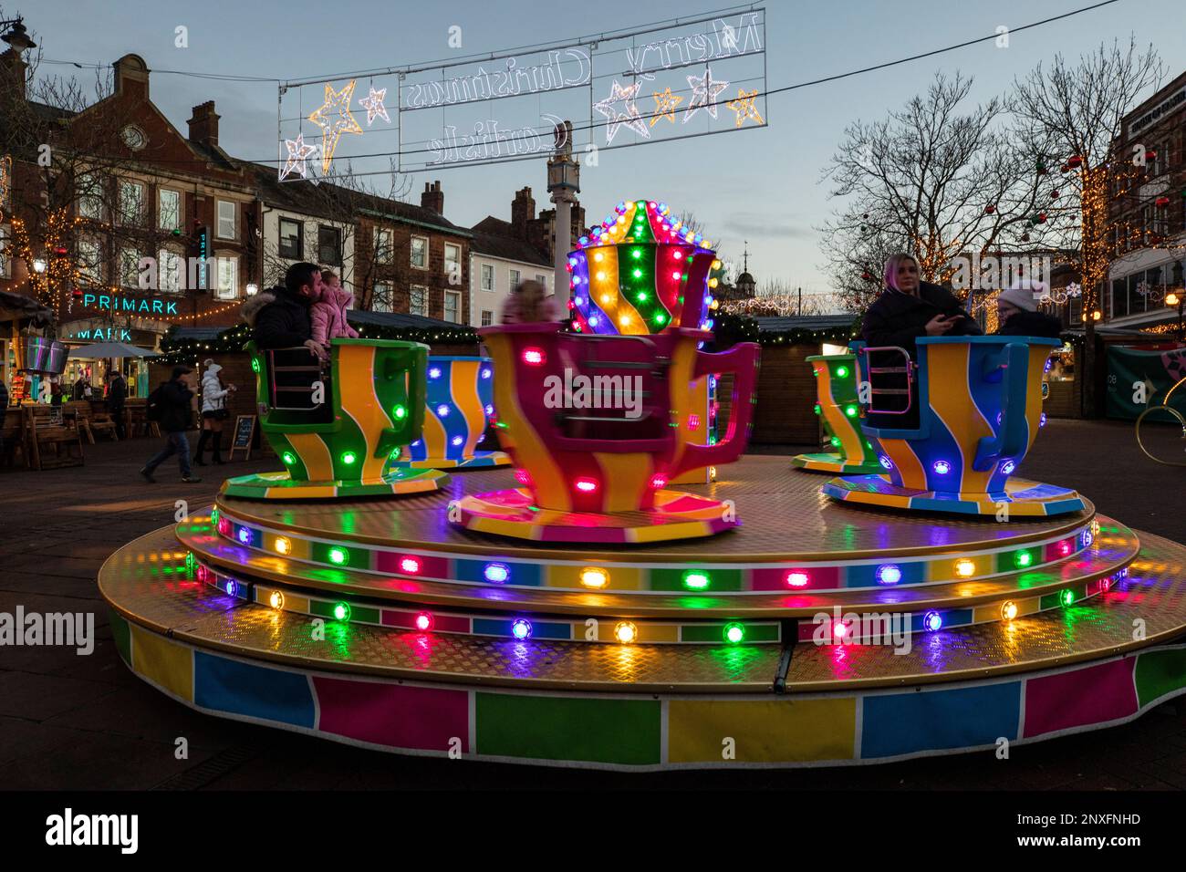 Carlisle Christmas Market and lights with snowman and teacup merry go