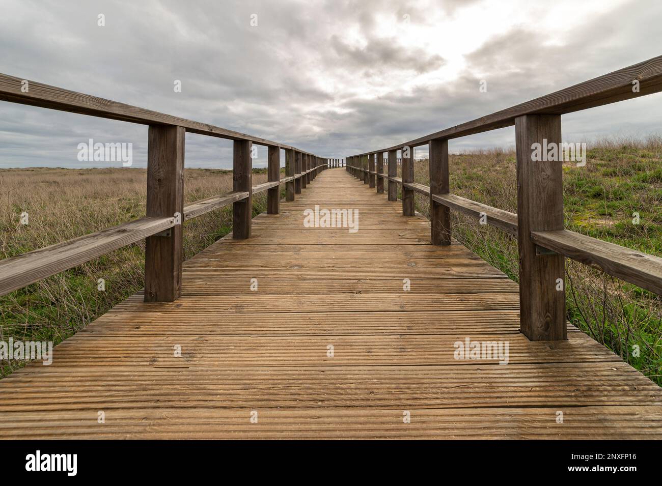 Wooden boardwalk with a cloudy sky Stock Photo