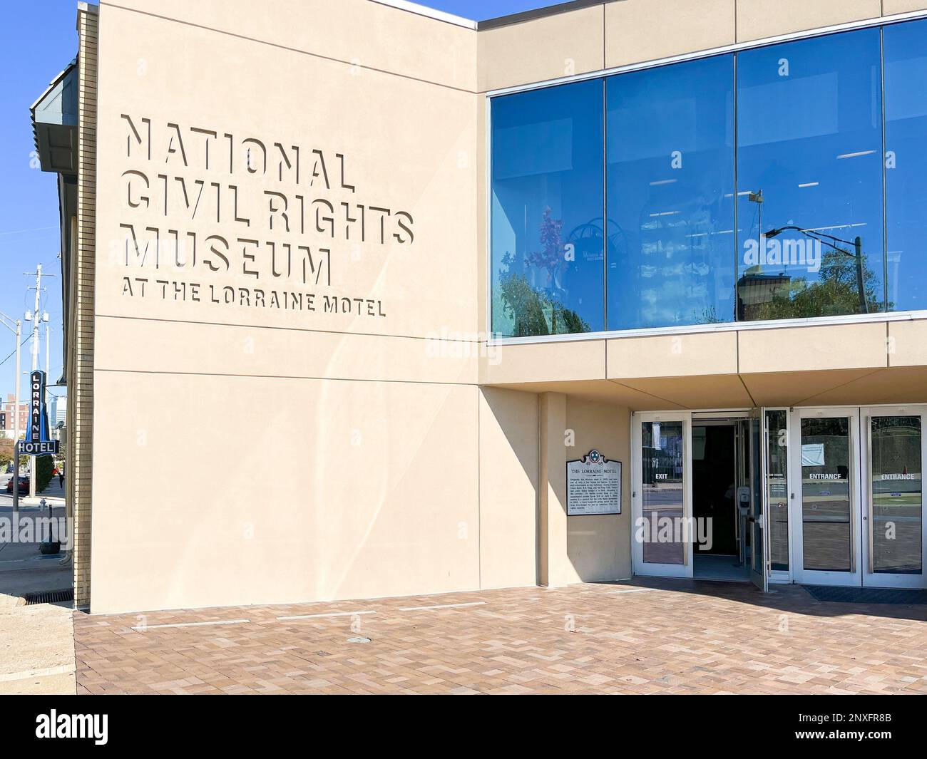 Exterior of the National Civil Rights Museum, Lorraine Motel, Memphis, Tennessee, showing entrance doors and signage engraved into stone facade. Stock Photo