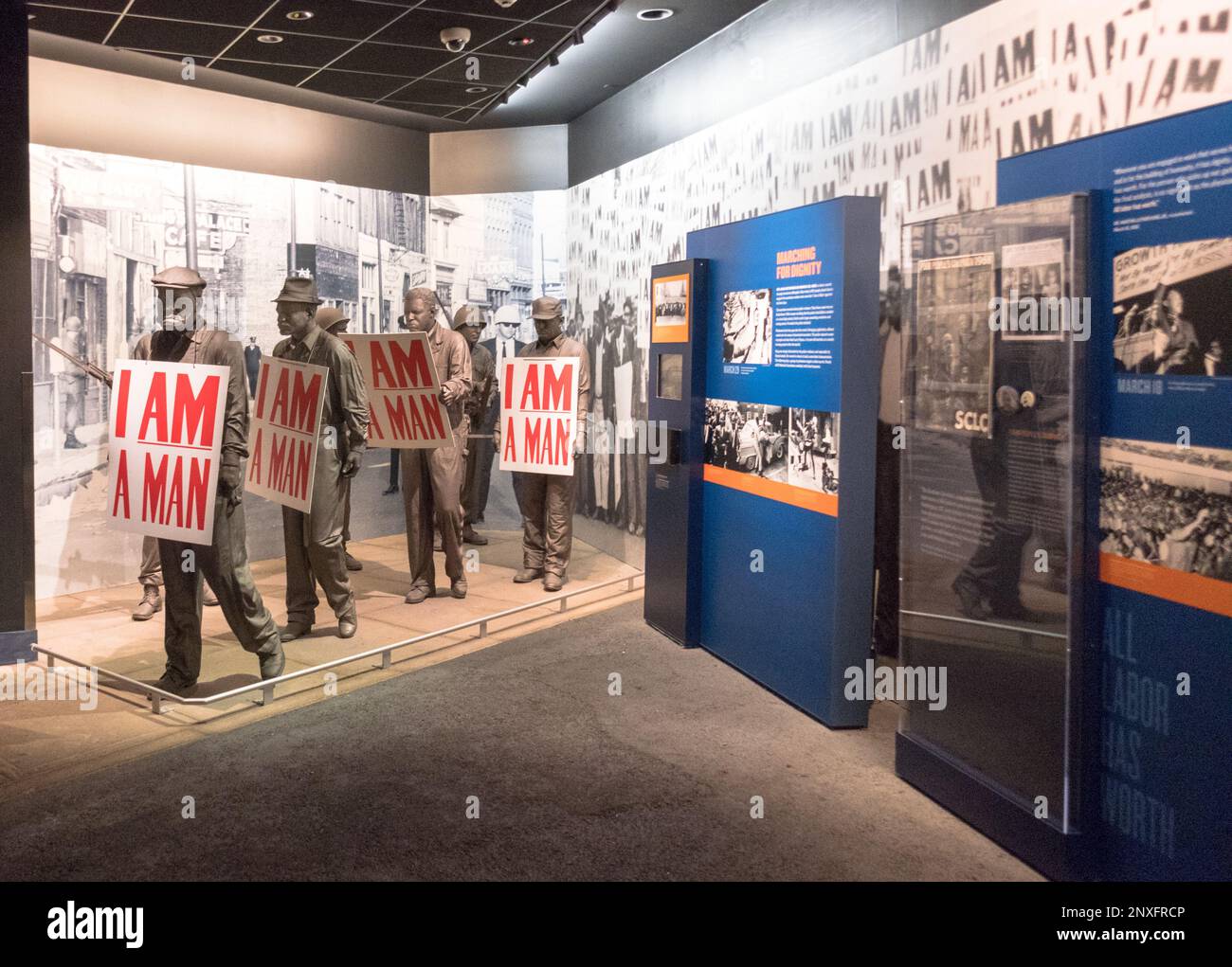 Interior of the National Civil Rights Museum, Lorraine Motel, Memphis, Tennessee, showing bronze sanitation workers with I Am a Man signs Stock Photo