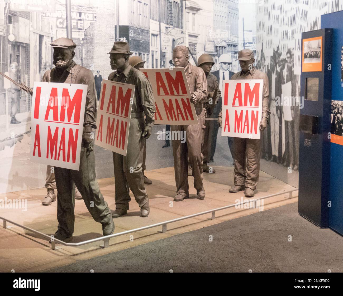 Interior of the National Civil Rights Museum, Lorraine Motel, Memphis, Tennessee, showing bronze sanitation workers with I Am a Man signs Stock Photo