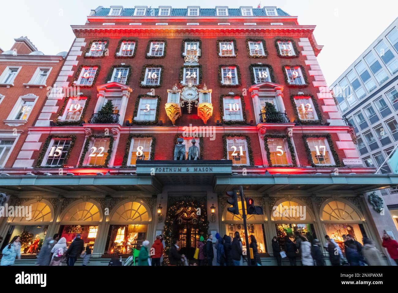 England, London, Piccadilly, Exterior View Fortnum & Mason Store with Christmas Decorations Stock Photo