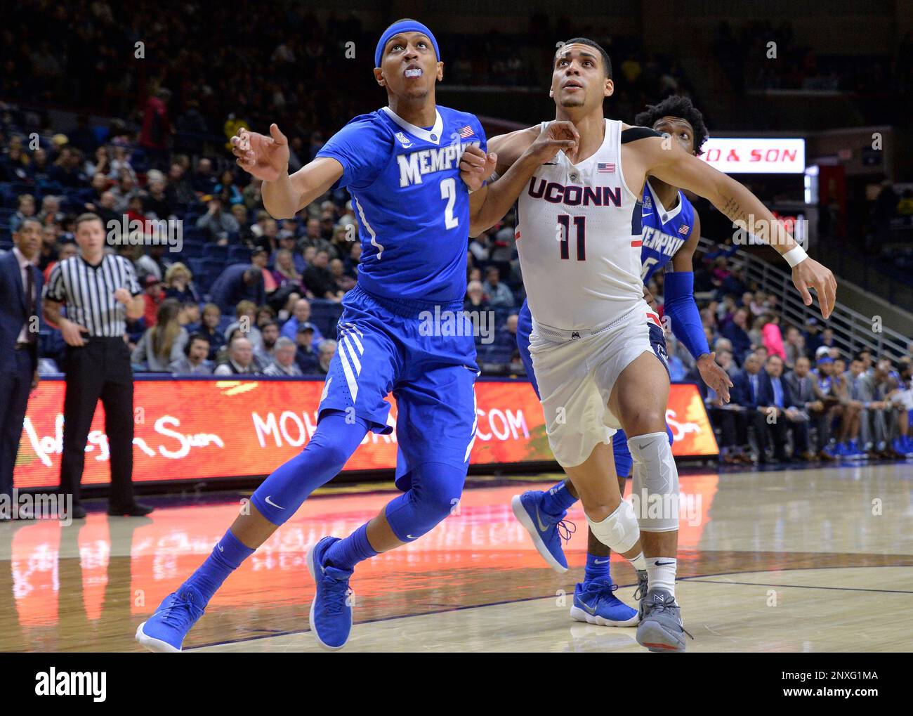 STORRS, CT - FEBRUARY 25: Memphis Tigers Guard / Forward Jimario Rivers (2)  and UConn Huskies Forward Kwintin Williams (11) battle for position in the  post during the game as the UConn