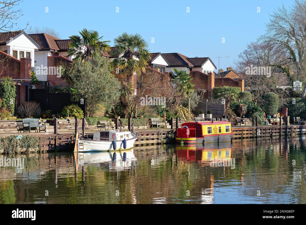 Private modern houses by the River Wey canal navigation at Weybridge