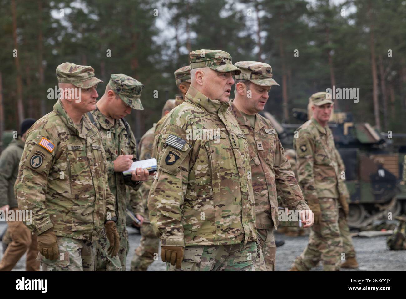 U.S. Army Gen. Mark A. Milley, U.S. Joint Chiefs of Staff chairman, meets with U.S. Army leaders responsible for the collective training of Ukrainians at Grafenwoehr Training Area, Grafenwoehr, Germany, Jan. 16, 2023. The training, which began Jan. 15, is overseen by the Security Assistance Group—Ukraine, U.S. Army Europe and Africa’s 7th Army Training Command, the Joint Multinational Training Group - Ukraine, and others, and is a continuation of U.S. and international efforts to help Ukraine defend itself from Russia’s brutal and unprovoked war. Stock Photo