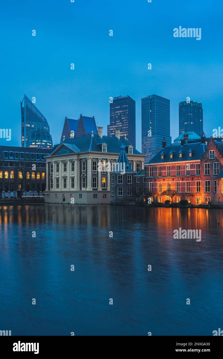 The Hague's Binnenhof with the Hofvijver lake and modern buildings at