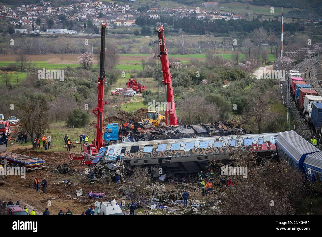 Tempi. 1st Mar, 2023. This photo taken on March 1, 2023 shows the site of a collision of two trains at Tempi municipality, Greece. The death toll from the collision of two trains in central Greece on late Tuesday night has increased to 36, while 66 injured people were still hospitalized, including six in serious condition in intensive care units, the Greek Fire Service said on Wednesday. Credit: Leonidas Tzekas/Xinhua/Alamy Live News Stock Photo