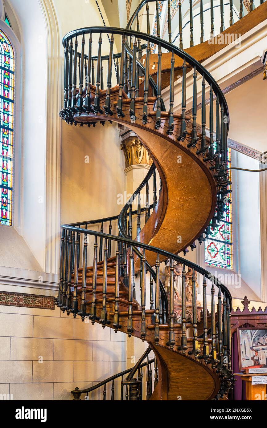 The famous Spiral Staircase in the Loretto Chapel in Santa Fe, New Mexico, USA. Stock Photo
