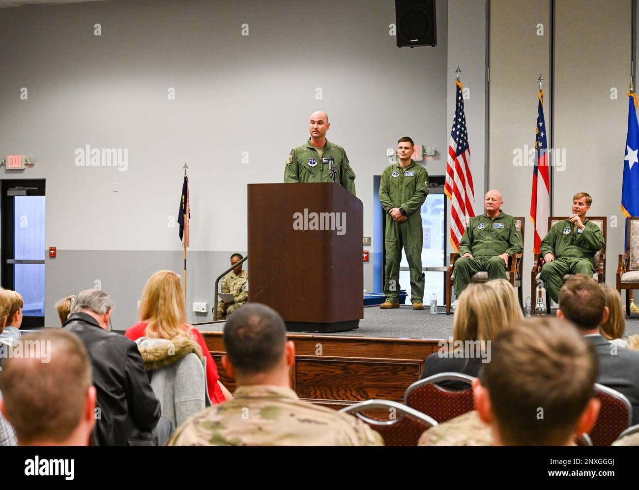 U.S. Air Force Lt. Col. Stephen “Tracker” Thomas, gives a speech to ...