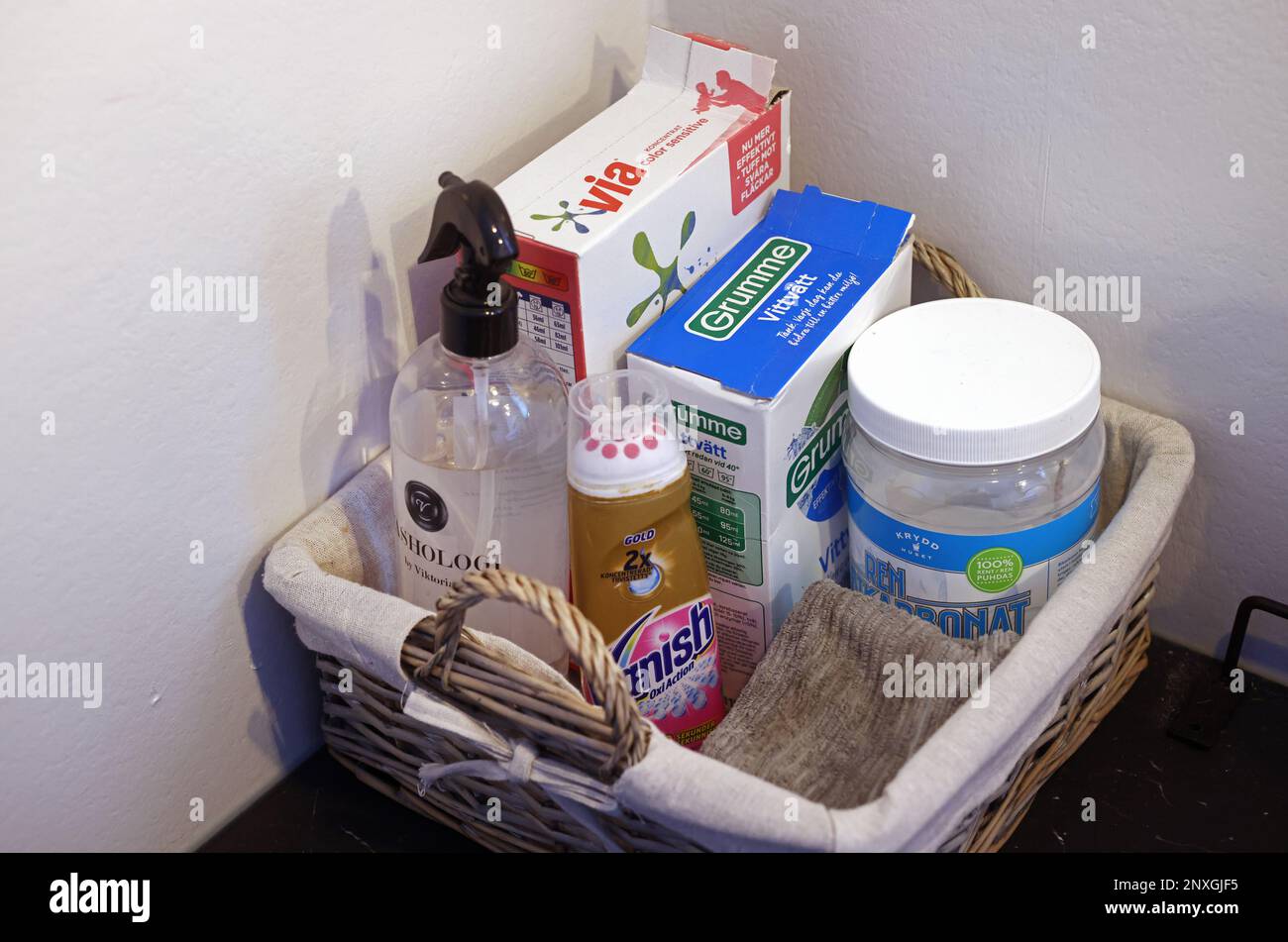 A laundry room, different types of detergents Stock Photo Alamy