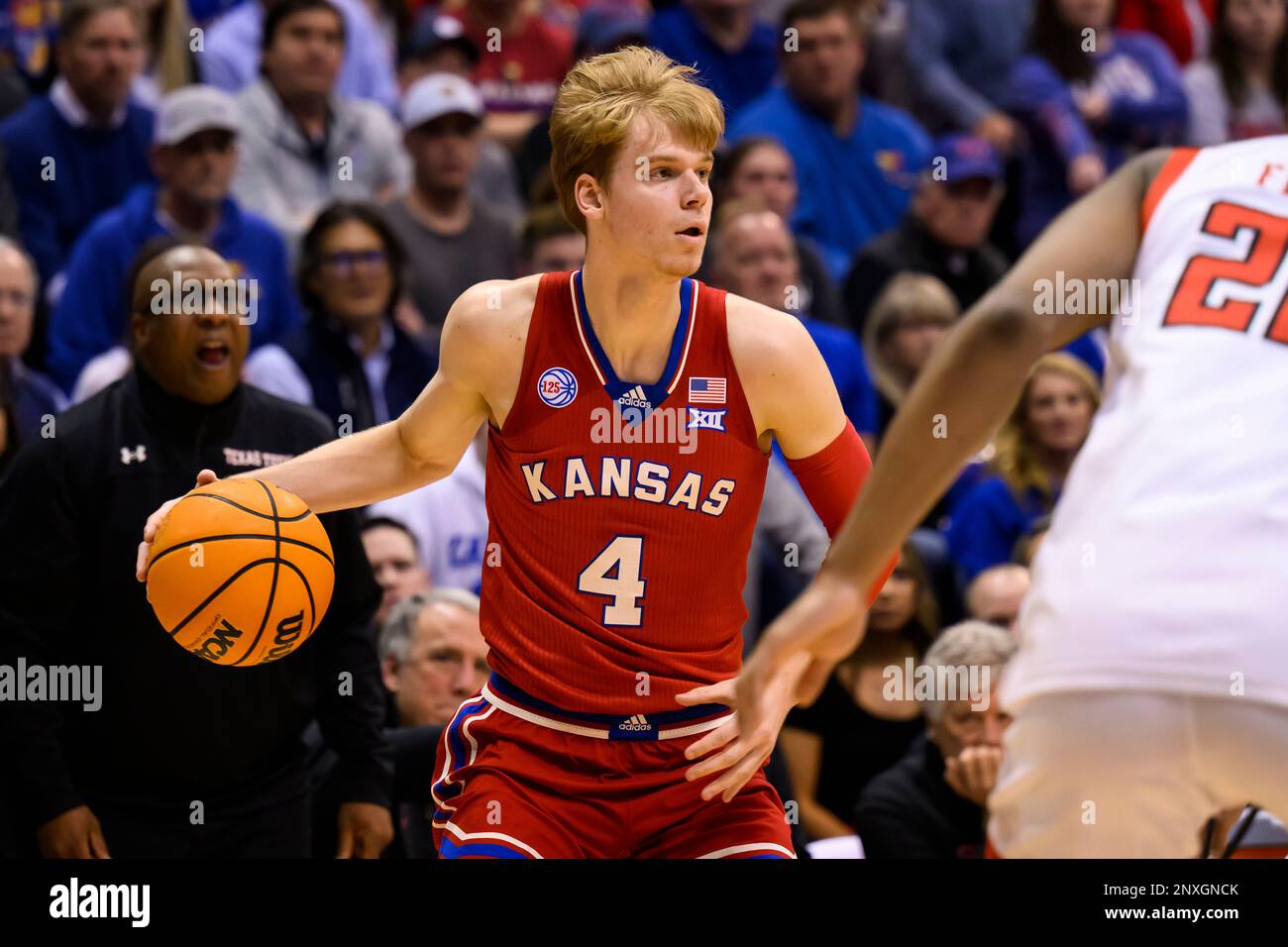 Kansas guard Gradey Dick (4) looks to pass the ball against Texas Tech  during the first