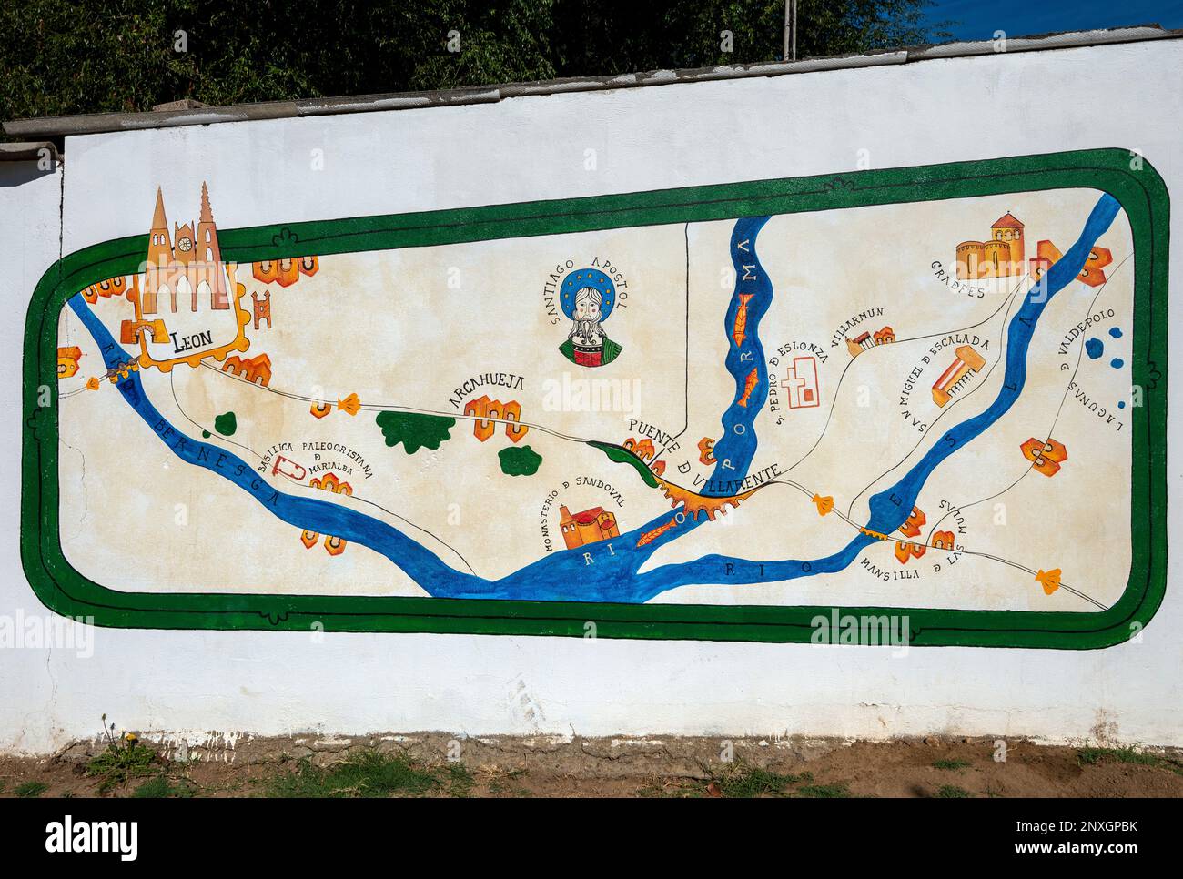 A Hand-Painted Map of the Camino De Santiago Route Through Leon on the ...