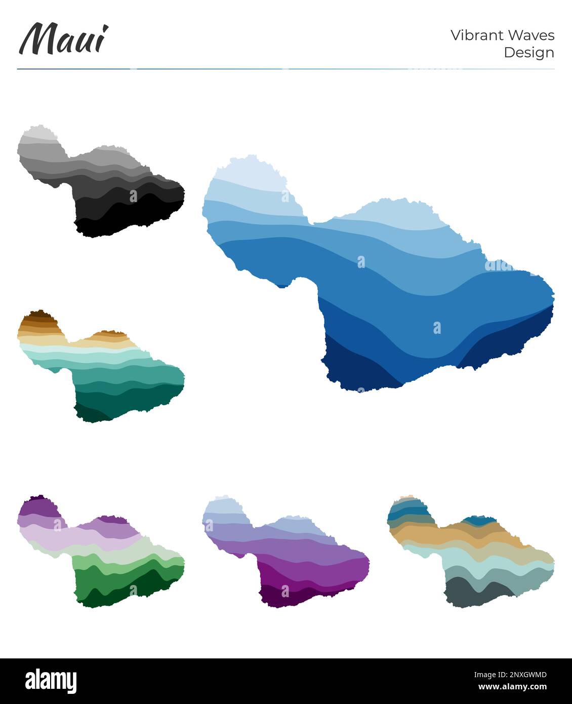 Set of vector maps of Maui. Vibrant waves design. Bright map of island ...