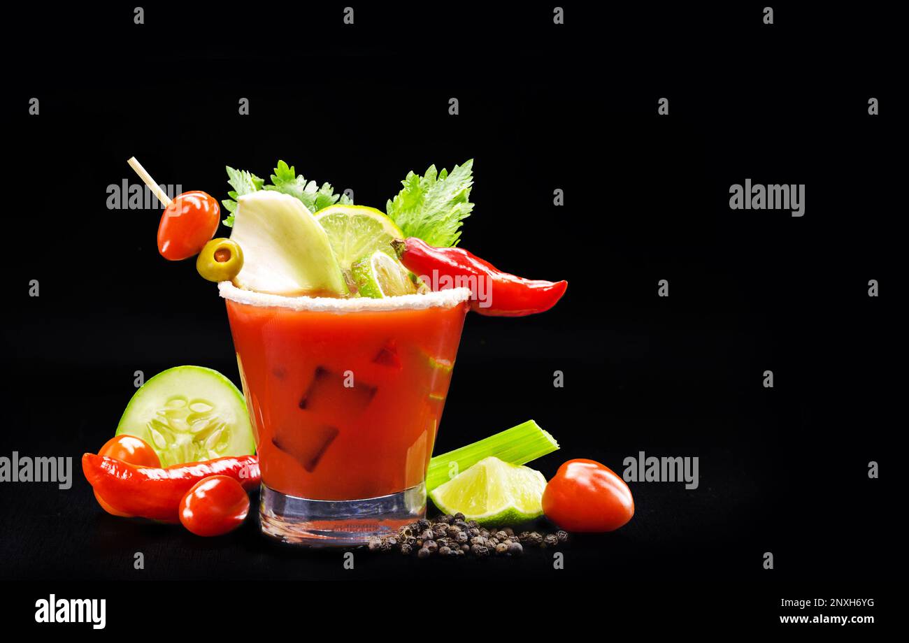 Bloody mary, a red drink based on vodka, tomato juice, lemon juice