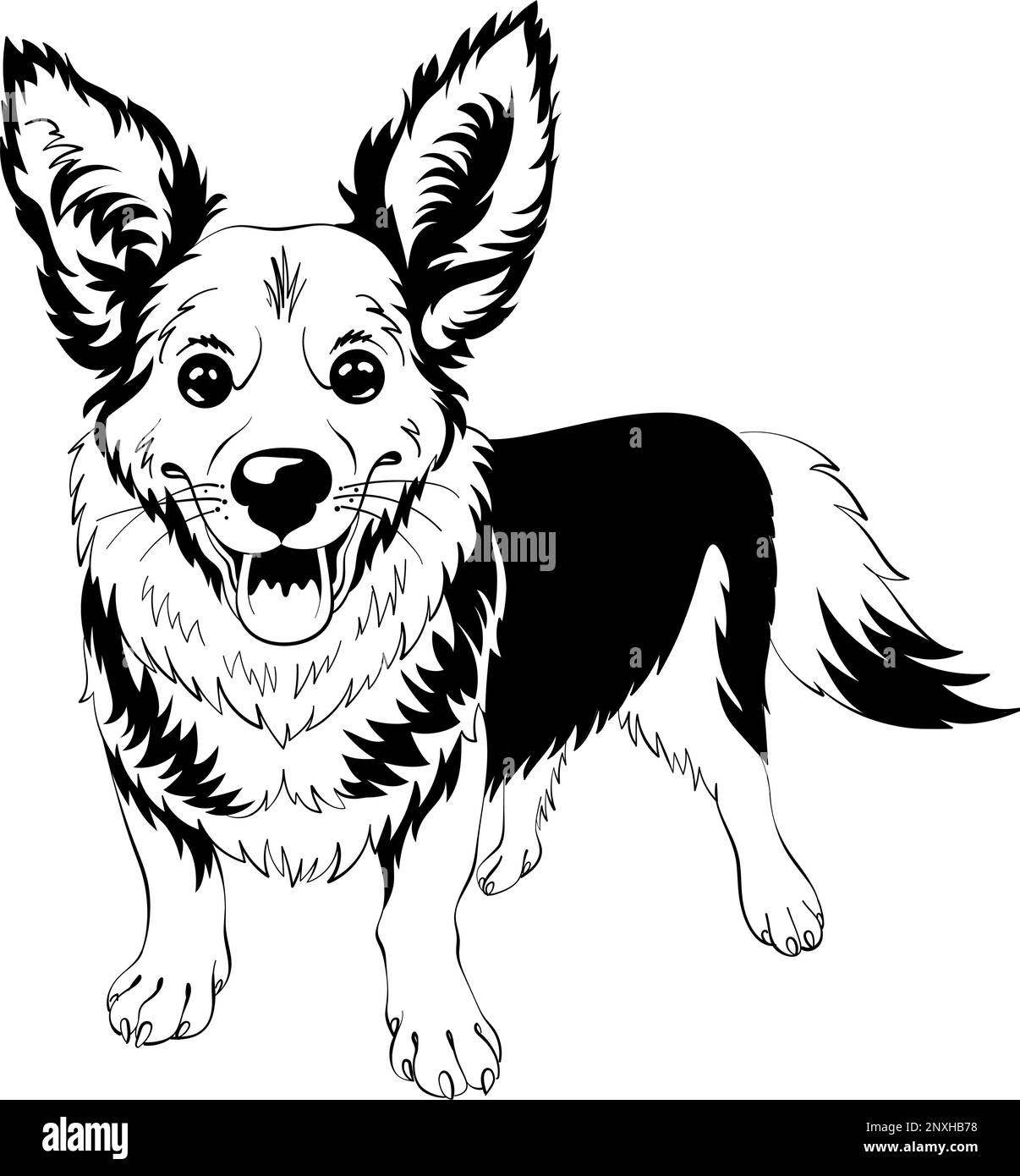 Black and white sketch of dog Welsh Corgi breed staying and smiling