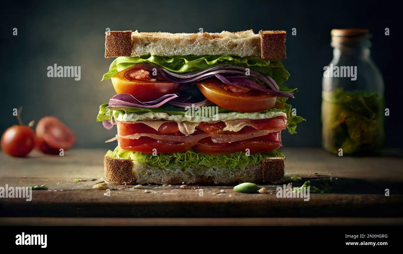 multi layered sandwich with lettuce tomato onion mayonaise for snack