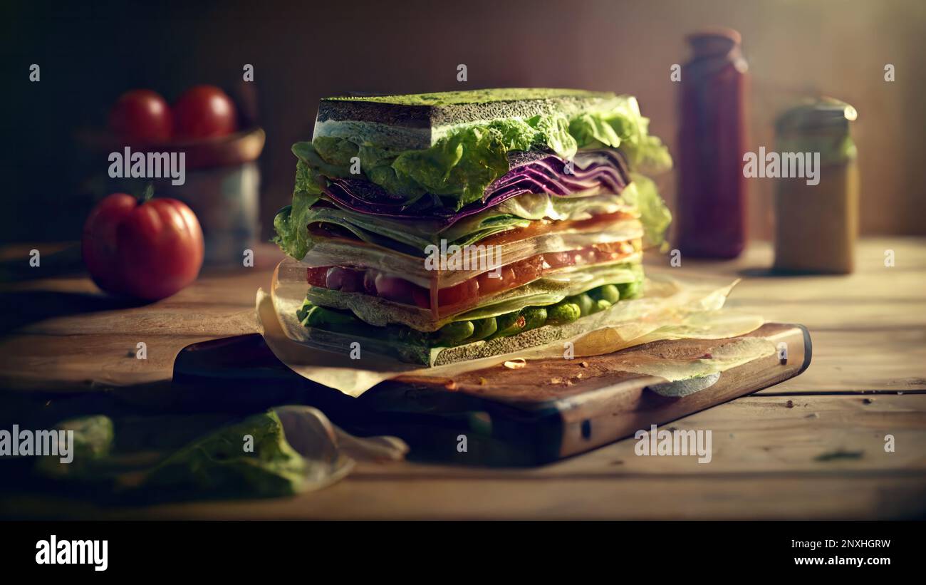 multi layered sandwich with lettuce tomato onion mayonaise for snack
