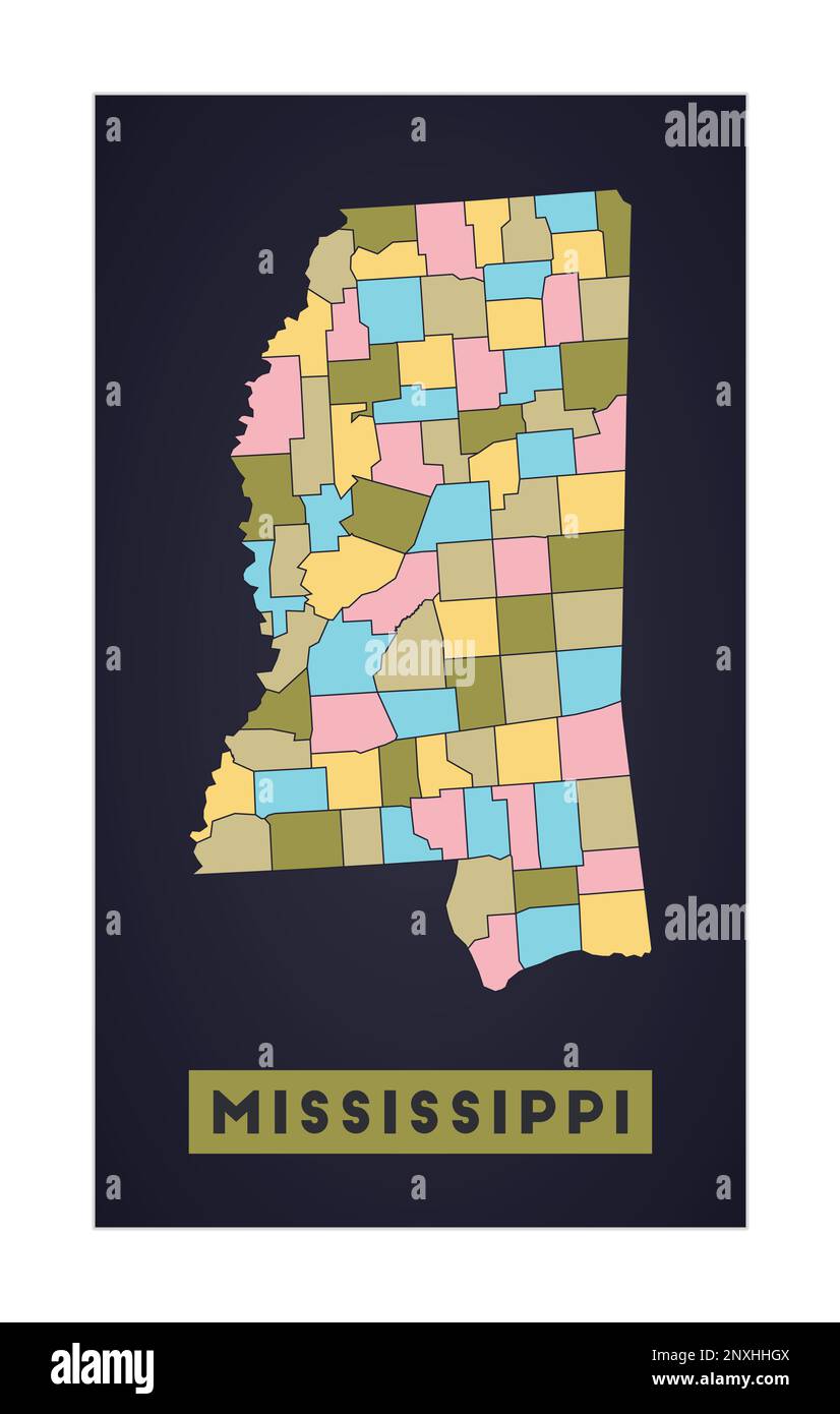 Mississippi map. Us state poster with regions. Shape of Mississippi
