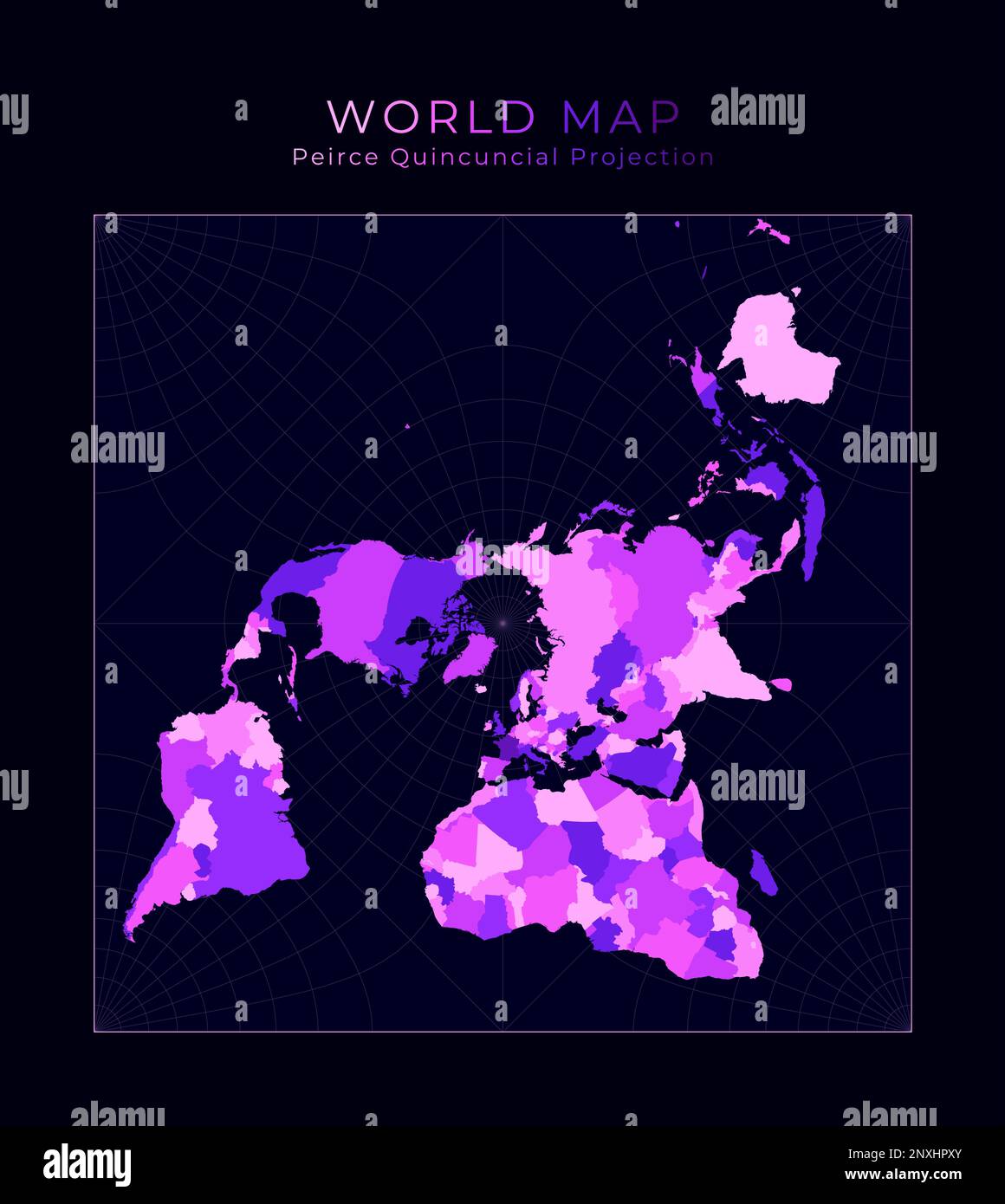 World Map. Peirce quincuncial projection. Digital world illustration. Bright pink neon colors on dark background. Neat vector illustration. Stock Vector