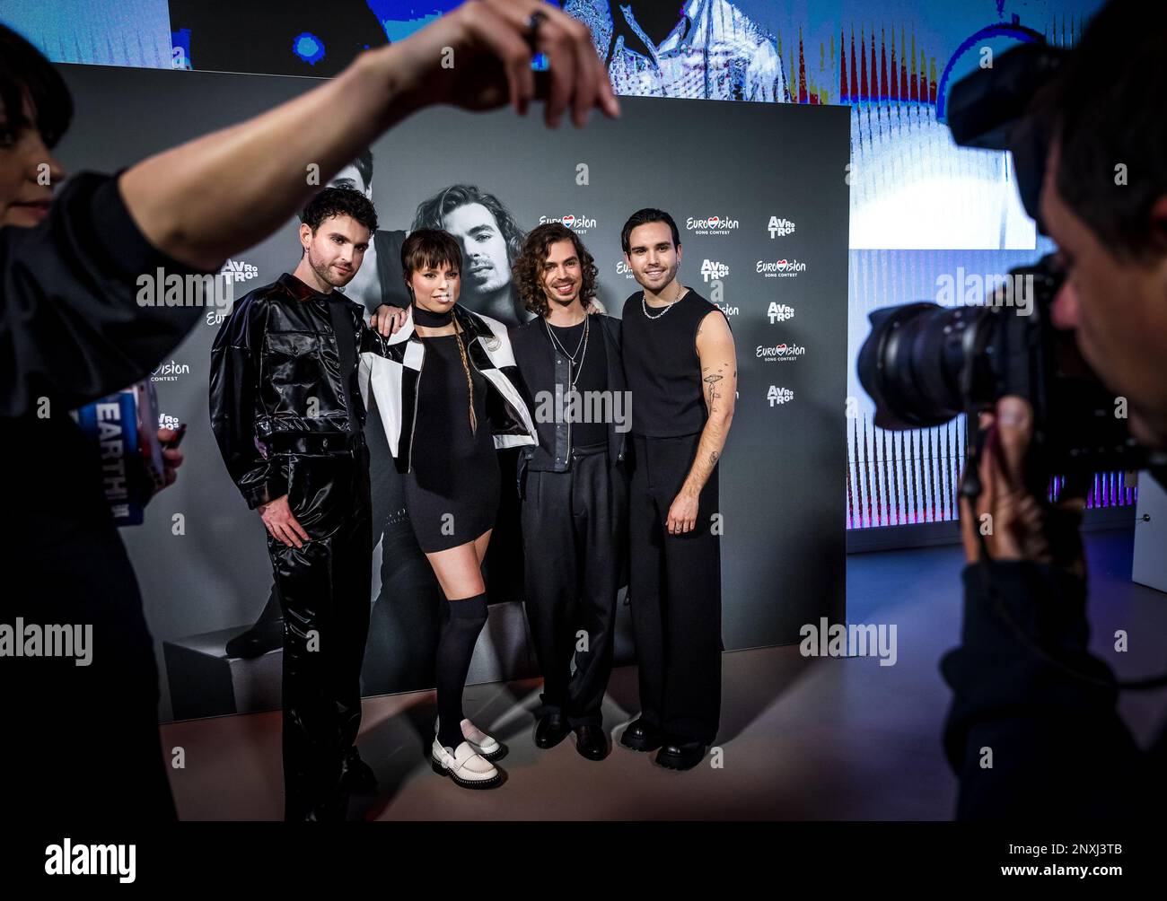 ROTTERDAM - The Dutch song festival duo Mia & Dion together with producers  Duncan Laurence and his partner Jordan Garfield during the presentation of  the song for the Eurovision Song Contest in
