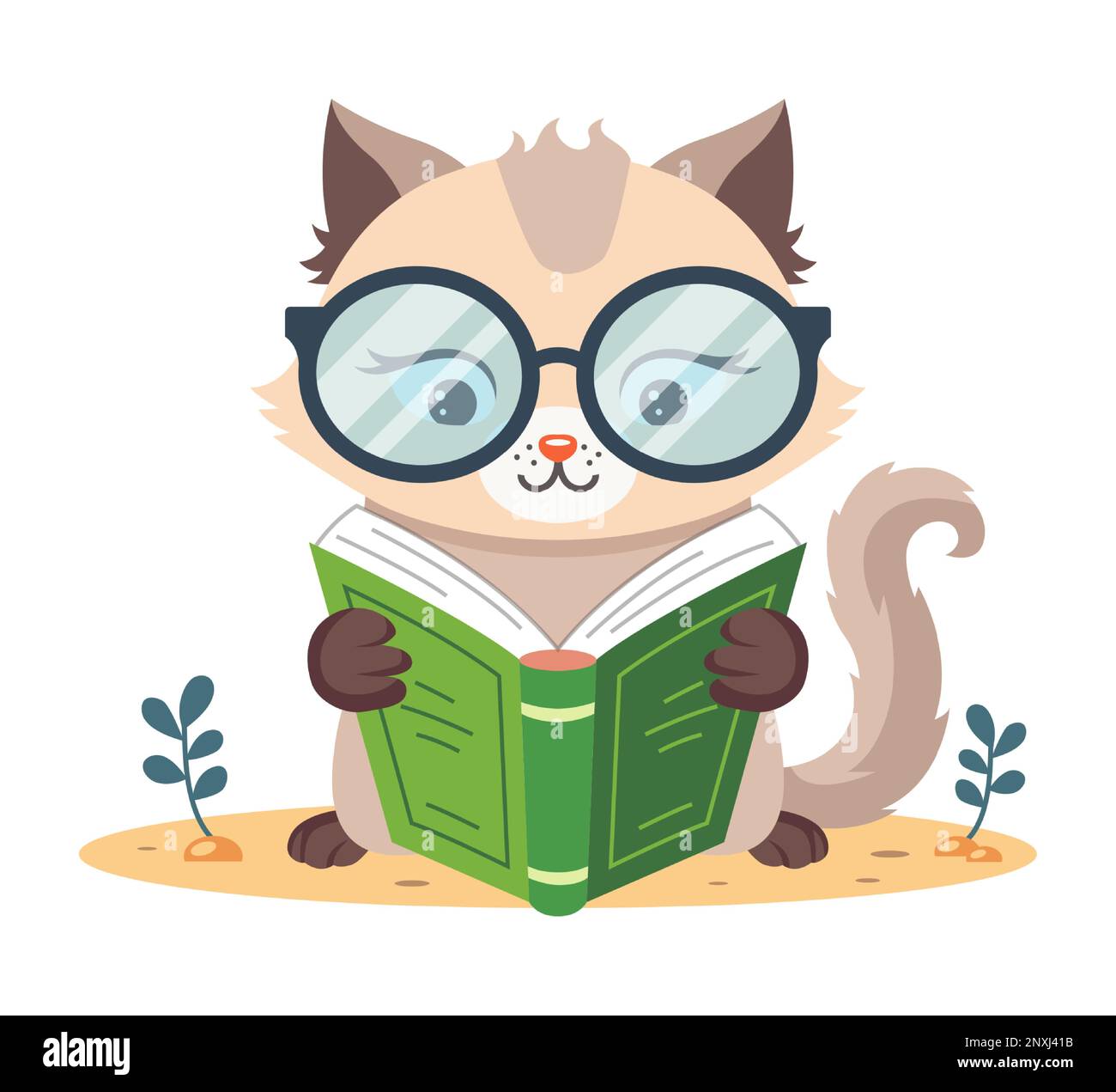 Illustration very cute cat wearing glasses reading book