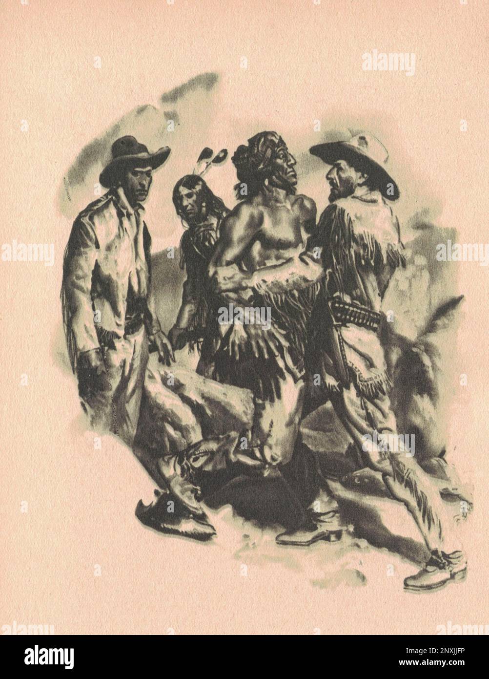 Black and white illustration shows a fight between men. Drawing shows life in the Old West. Vintage black and white picture shows adventure life in the previous century. Stock Photo
