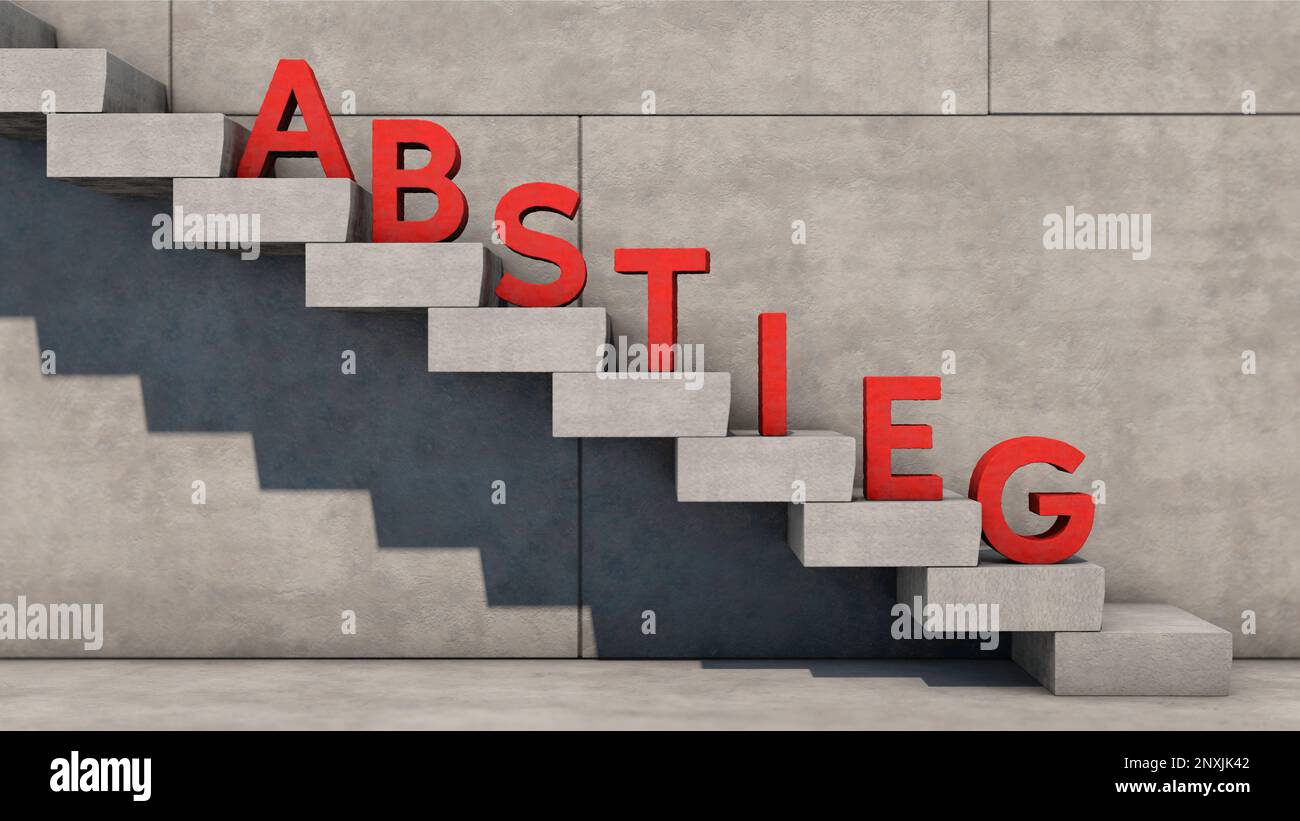 Staircase with red letters as the German word 'Abstieg' (descent) Stock Photo
