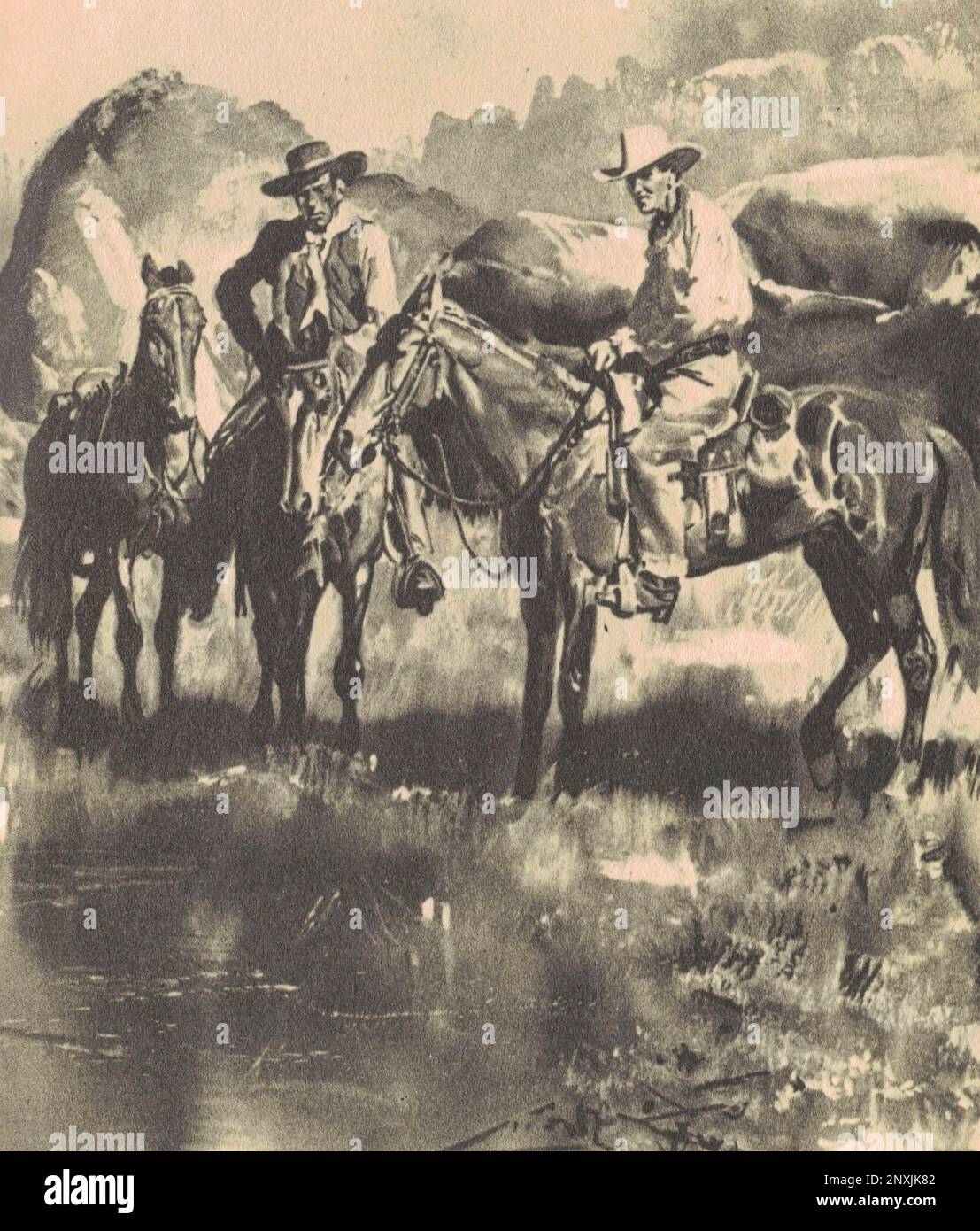 Black and white illustration shows cowboys on horseback by the river. Drawing shows life in the Old West. Vintage black and white picture shows adventure life in the previous century. Stock Photo