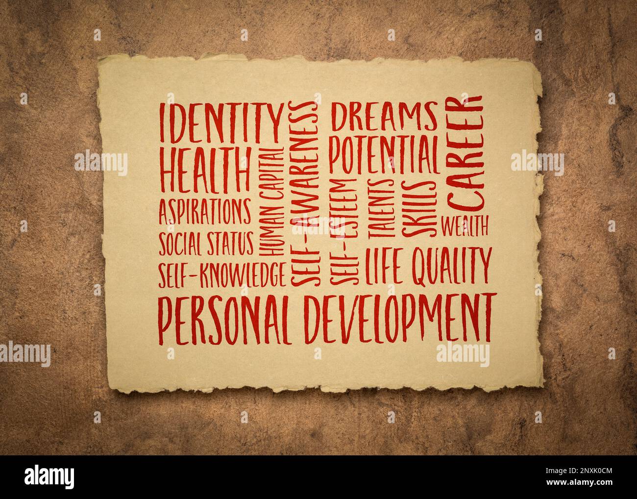 personal development word cloud on an art paper, self improvement concept Stock Photo