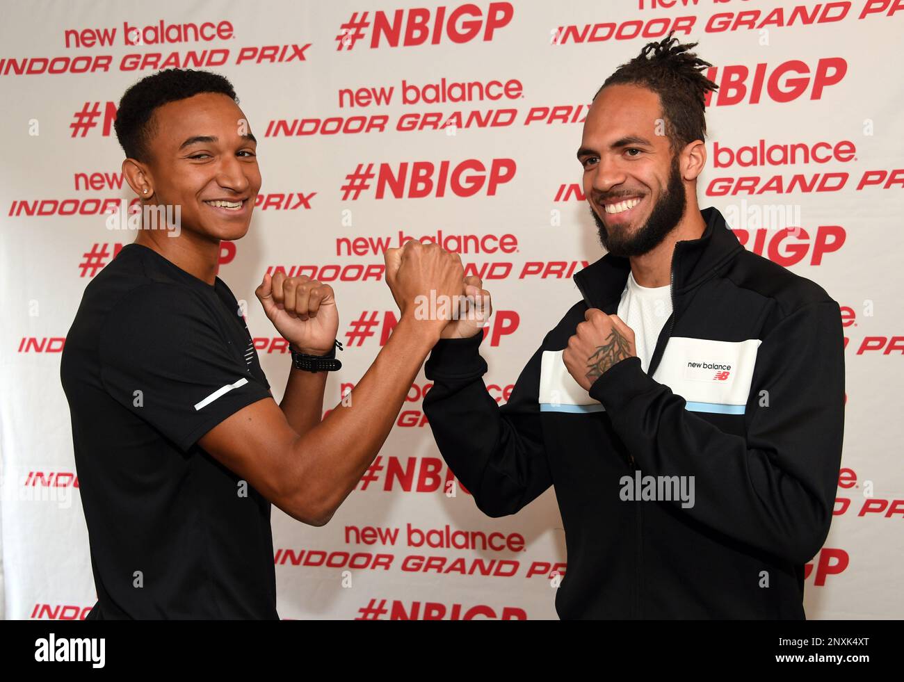 Donovan Brazier (left) and Boris Berian pose during a press conference  prior to the New Balance Indoor Grand Prix in Boston on Friday, Feb. 9,  2018.(Kirby Lee via AP Stock Photo - Alamy