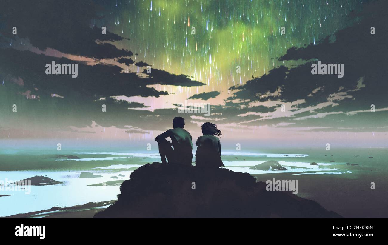 couple sitting and looking at the sky with a spectacular meteor shower, digital art style, illustration painting Stock Photo