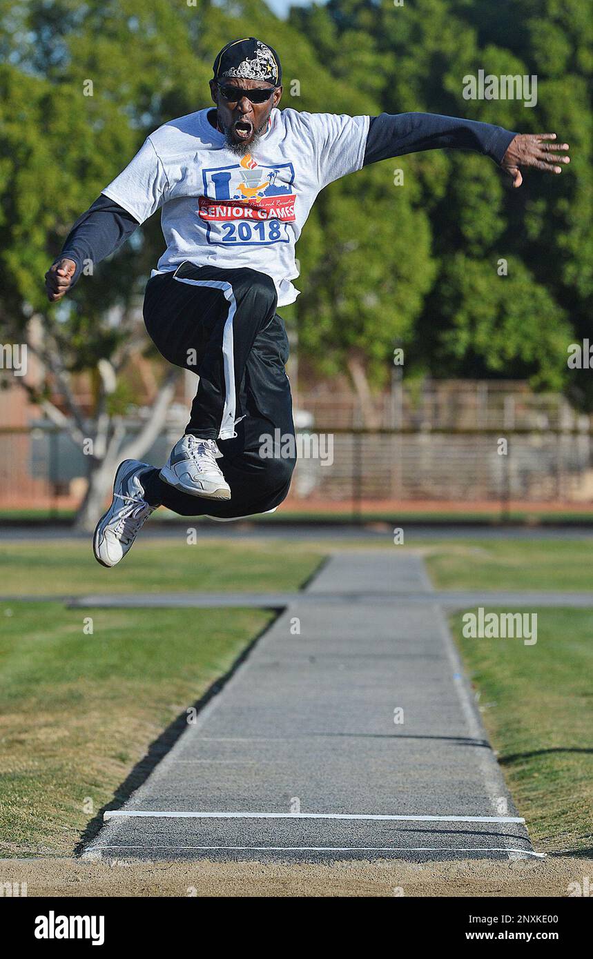 In this January 2018 photo, William Powell competes in the men's running long jump event during