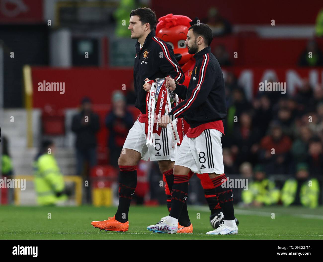 Manchester, UK. 1st Mar, 2023. Harry Maguire and Bruno Fernandes of Manchester United with Carabao Cup after their team won the trophy recently during the The FA Cup match at Old Trafford, Manchester. Picture credit should read: Darren Staples/Sportimage Credit: Sportimage/Alamy Live News Stock Photo