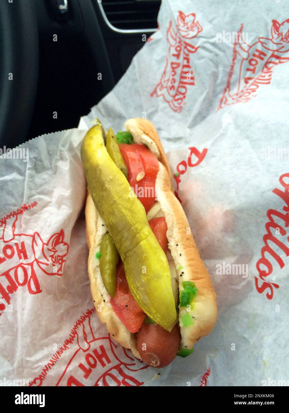 CHICAGO, ILLINOIS, UNITED STATES - Dec 13, 2015: Delicious Chicago Style Hot Dog with Pickle Stock Photo