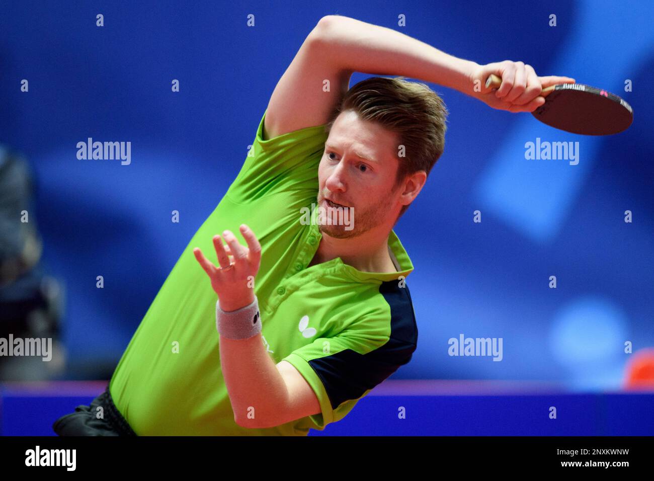 Germany's Ruwen Filus returns a ball to Sweden's Mattias Karlsson during  the Men's Singles round of 16 match at the ITTF Europe Top 16 Cup table  tennis tournament in Montreux, Switzerland, Saturday,