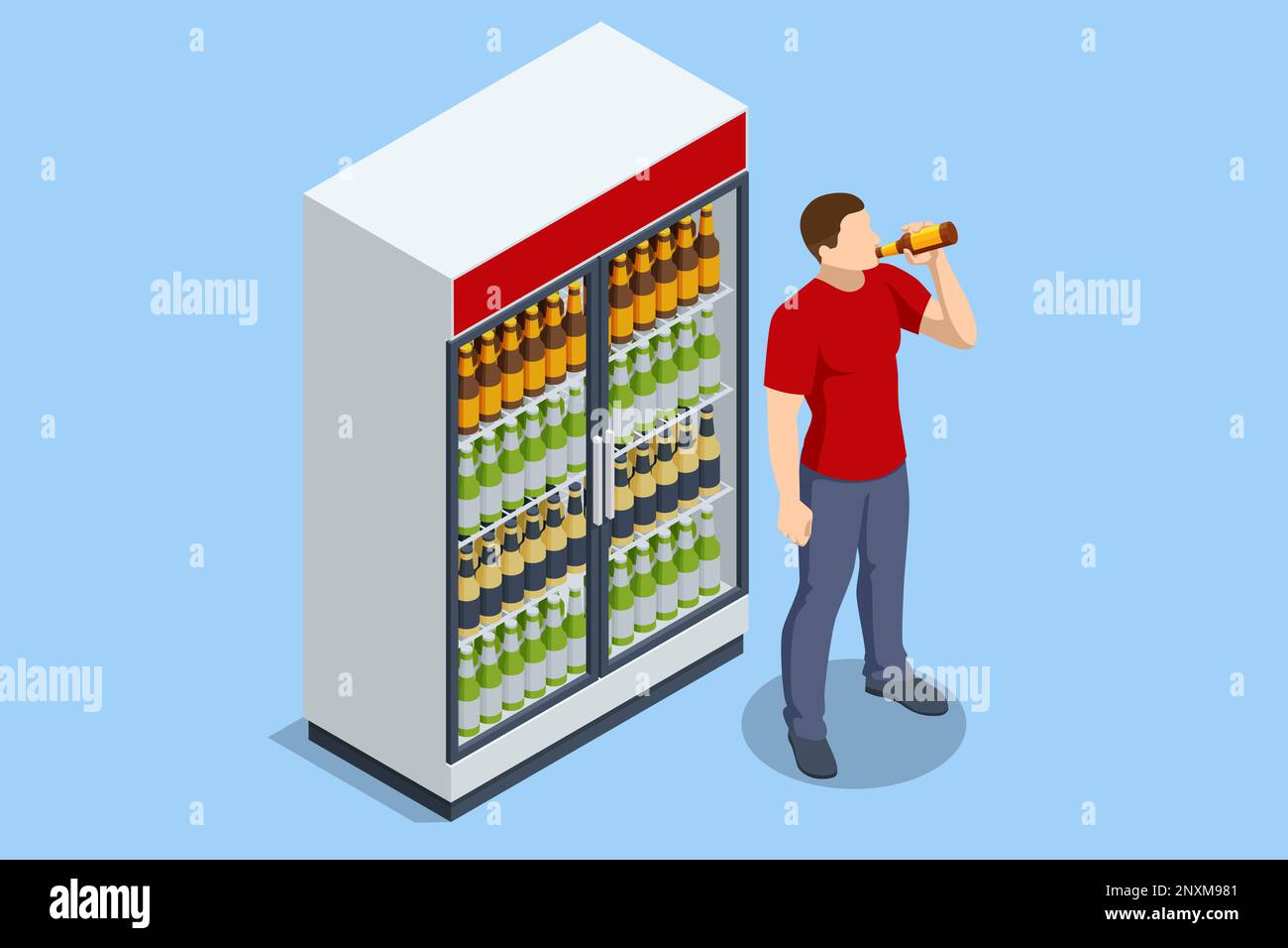 Isometric Different colored bottles and cans with a beer in fridges