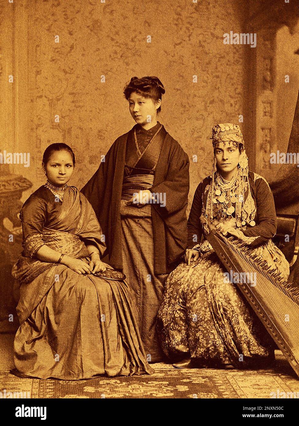 Doctors Anandibai Joshee (left) from India, Kei Okami (center) from Japan, and Sabat M. Islambouli (right) from Ottoman Syria, at the Woman's Medical College of Pennsylvania. All three were the first women from their respective countries to obtain a degree in Western medicine from a Western university. Photo from 10 October 1885./n Stock Photo