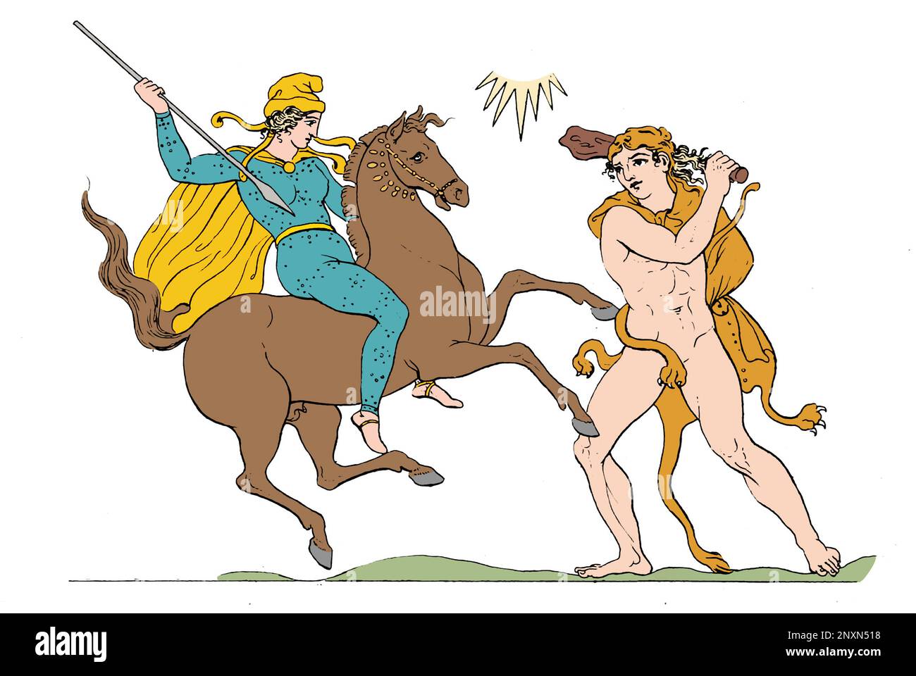 Hercules (Heracles) stealing Hippolyta's belt, his ninth labor. Hippolyta was Queen of the Amazons. From: Outlines from the figures and compositions upon the Greek, Roman, and Etruscan vases of the late Sir William Hamilton, 1804. Colorized. Stock Photo