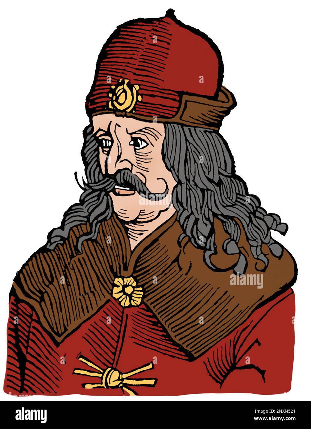 Vlad III, commonly known as Vlad the Impaler or Vlad Dracula (1428/31 ,Ai 1476/77), was Voivode of Wallachia three times. He is often considered one of the most important rulers in Wallachian history and a national hero of Romania. Notorious for his cruelty, his patronymic inspired the name of Bram Stoker's literary vampire, Count Dracula. Illustration after a 16th-century engraving. Colorized. Stock Photo