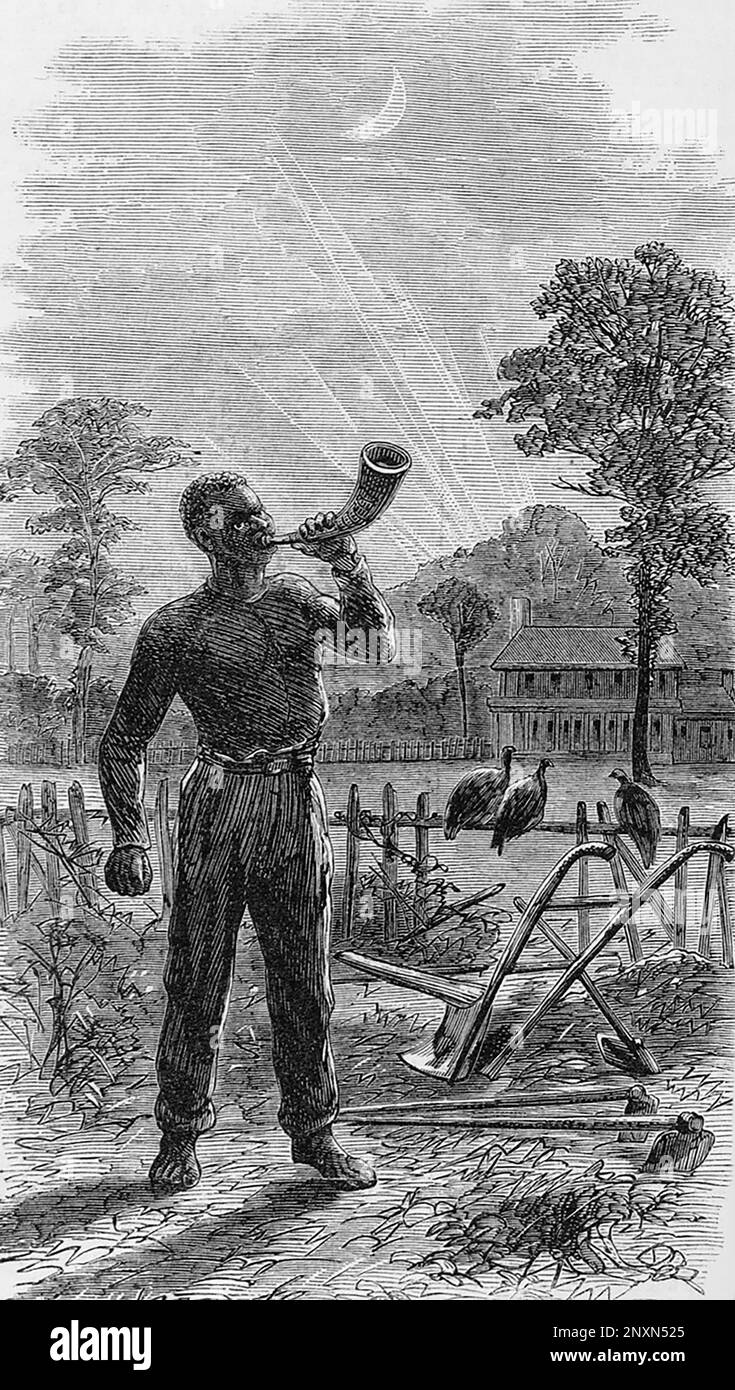 Former slave summoning others to morning labor on a Southern cotton plantation, 1867.  Illustration by Alfred R. Waud, Harper's Weekly, February 2, 1867. Stock Photo