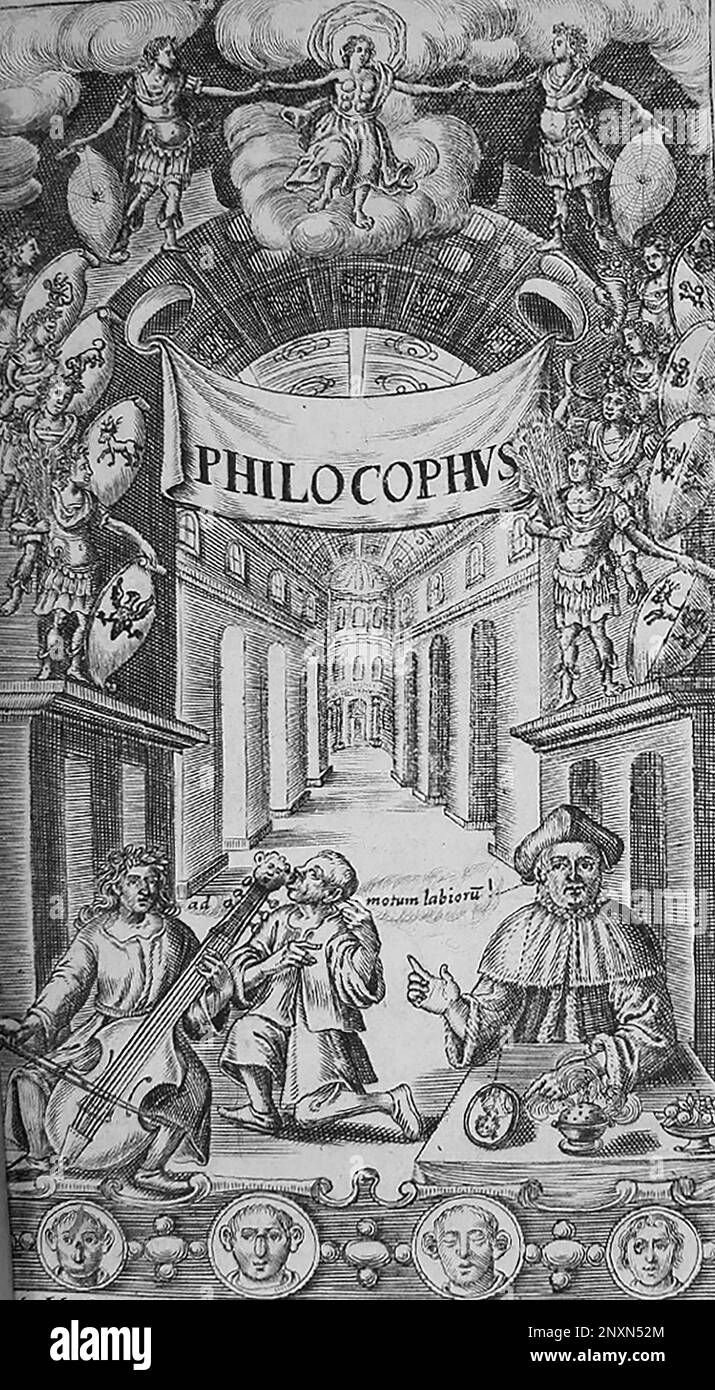 Frontispiece to John Bulwer's Philocophus, published 1648, showing a deaf man listening to music by bone conduction through the teeth. John Bulwer (1606-1656) was an English physician and philosopher who wrote five works exploring the body and human communication, including Chirologia (1644) and Philocophus (1648). He was the first person in England to propose educating deaf people. The handshapes described in Chirologia are still used in British Sign Language. Stock Photo