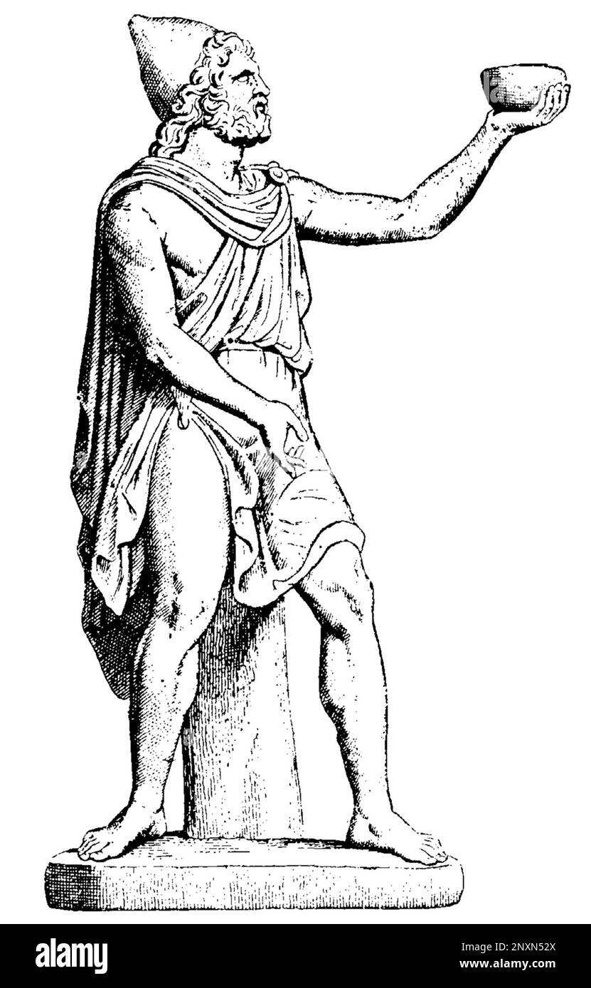 Odysseus offering wine to the Cyclops. Ancient statue in the Vatican, Rome. Illustration, 1914. Stock Photo