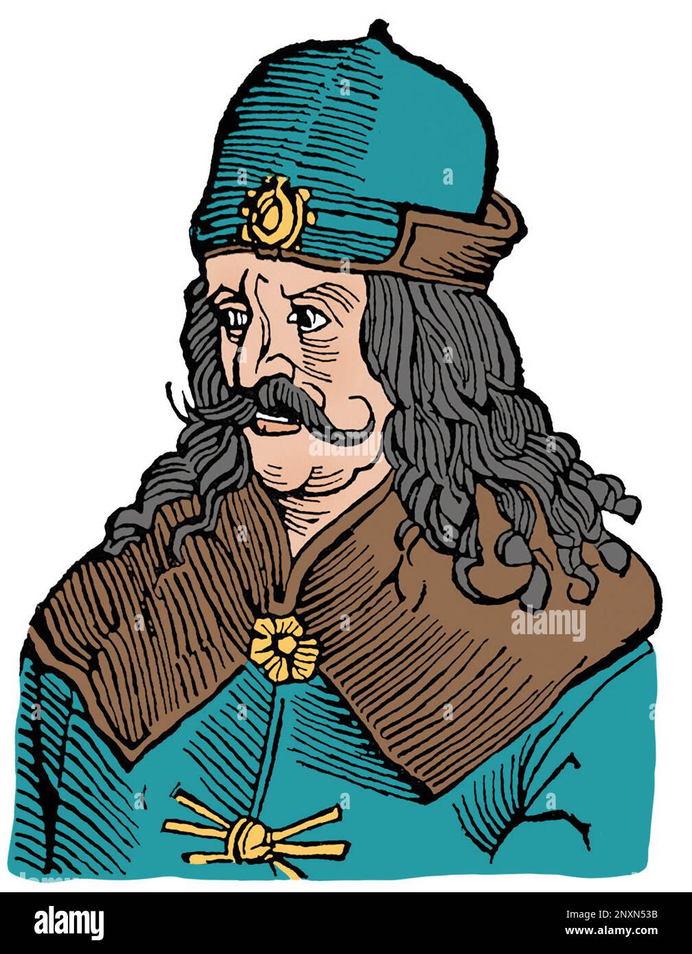 Vlad III, commonly known as Vlad the Impaler or Vlad Dracula (1428/31 ,Ai 1476/77), was Voivode of Wallachia three times. He is often considered one of the most important rulers in Wallachian history and a national hero of Romania. Notorious for his cruelty, his patronymic inspired the name of Bram Stoker's literary vampire, Count Dracula. Illustration after a 16th-century engraving. Colorized. Stock Photo